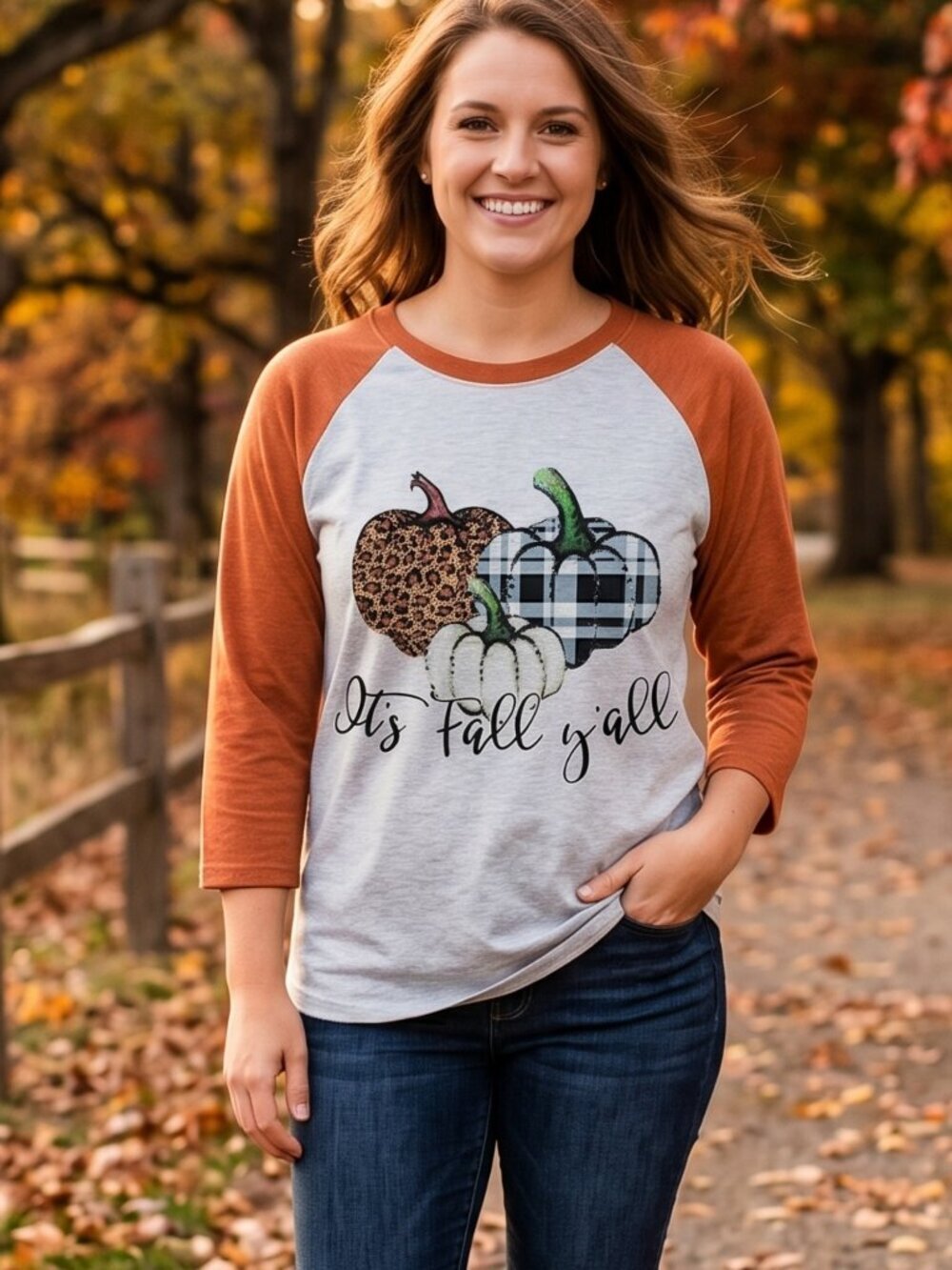 NWT | "It's Fall Y'all" Pumpkin Trio Leopard Plaid Graphic Raglan Top | Medium